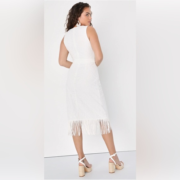 Lulus Always Ravishing White Cotton Eyelet Fringe Tulip Midi Dress - Picture 2 of 7
